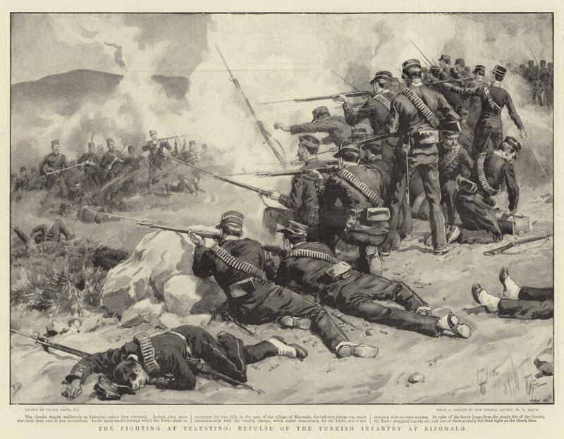 The Fighting at Velestino, Repulse of the Turkish Infantry at Rizomalo by Frank Dadd