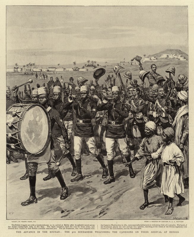 The Advance in the Soudan, the 9th Soudanese Welcoming the Camerons on their Arrival at Berber by Frank Dadd