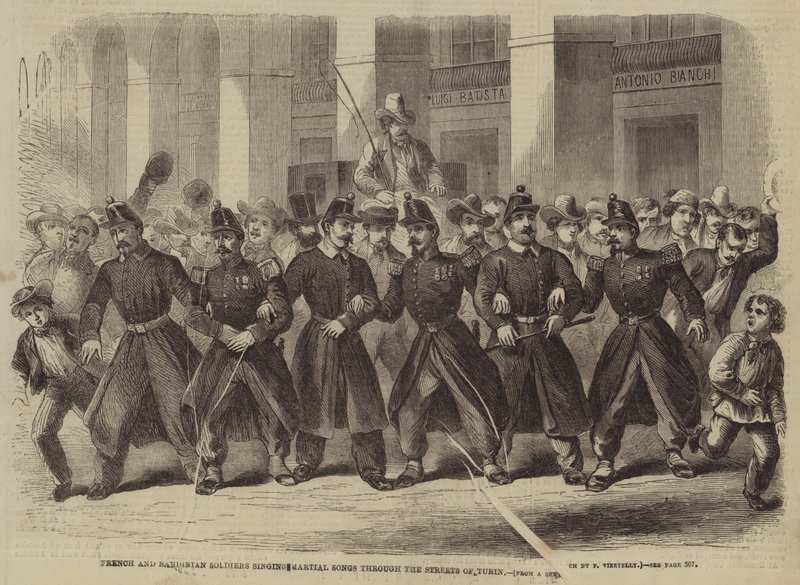 French and Sardinian Soldiers Singing Martial Songs through the Streets of Turin by Frank Vizetelly