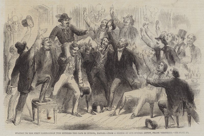 Ovation to the First Garibaldian entered the Cafe di Europa, Naples by Frank Vizetelly