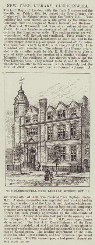 The Clerkenwell Free Library, Opened 10 October by Frank Watkins