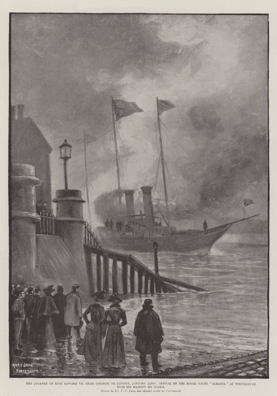 The Journey of King Edward VII from Osborne to London, 23 January, Arrival of the Royal Yacht Alberta at Portsmouth with His Majesty on Board by Fred T. Jane