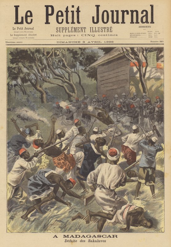 French troops fighting off an attack by Sakalava raiders in Madagascar by French School