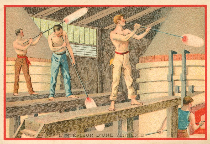 Interior of a Glassworks by French School