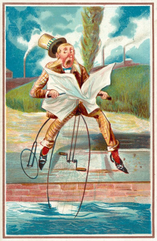 Man Riding a Penny Farthing into a Canal by French School