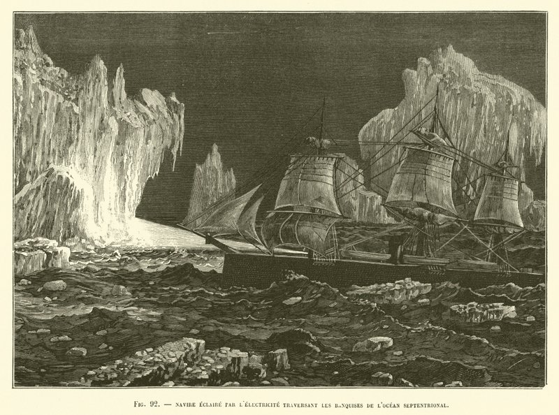 Ship Lit by Electricity Crossing the Ice Floes of the Northern Ocean by French School