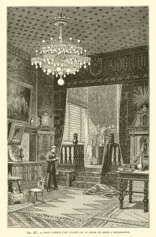 Salon of Art Objects Lit by an Incandescent Lamp Chandelier by French School
