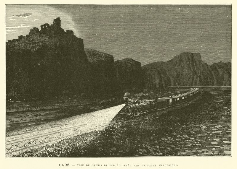 Railway Track Lit by an Electric Lantern by French School