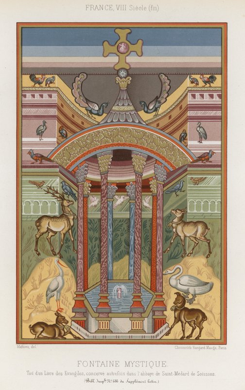 An 8th-century depiction of a mystical fountain by French School