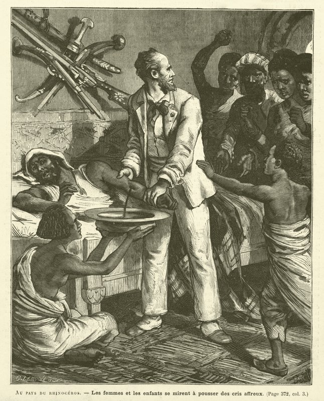 In the Land of the Rhinoceros (engraving) by French School