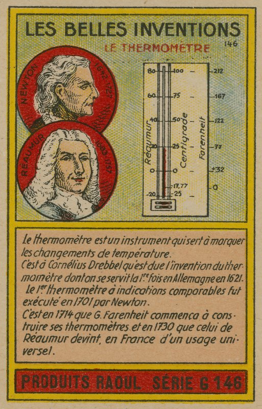 Beautiful inventions card, thermometer by French School