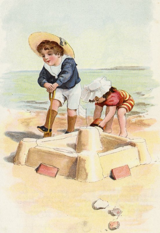 Boy and Girl Building Sand Castles by French School