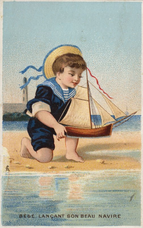 Boy Playing with Toy Sailing Boat by French School