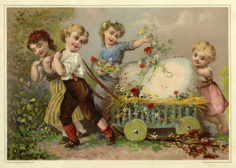 Children pulling an enormous Easter egg by French School