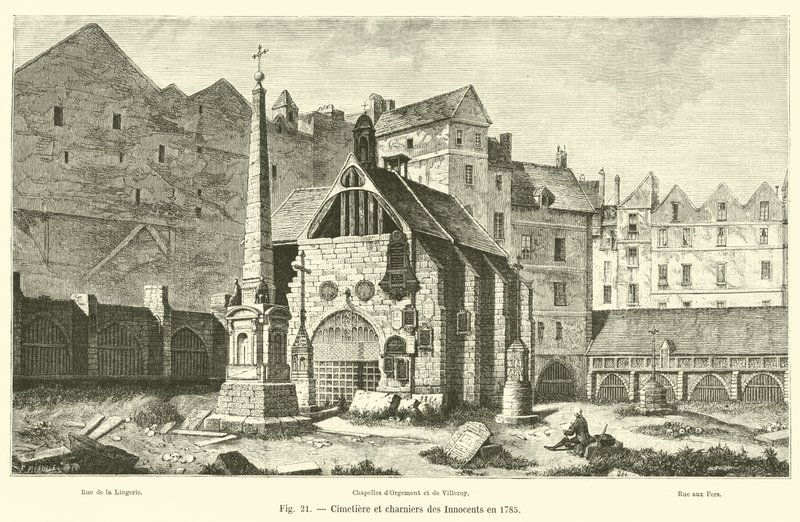 Cemetery and charnel houses of the Innocents in 1785 by French School