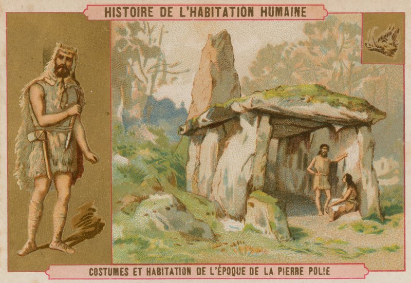 Clothes and house of stone age man by French School