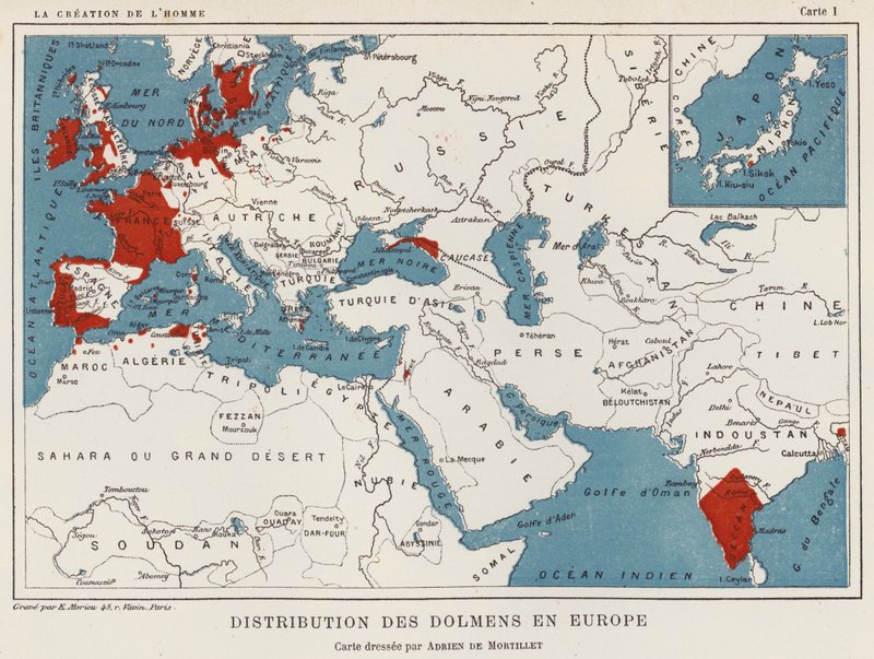 Distribution of Dolmens in Europe (colour lithograph) by French School