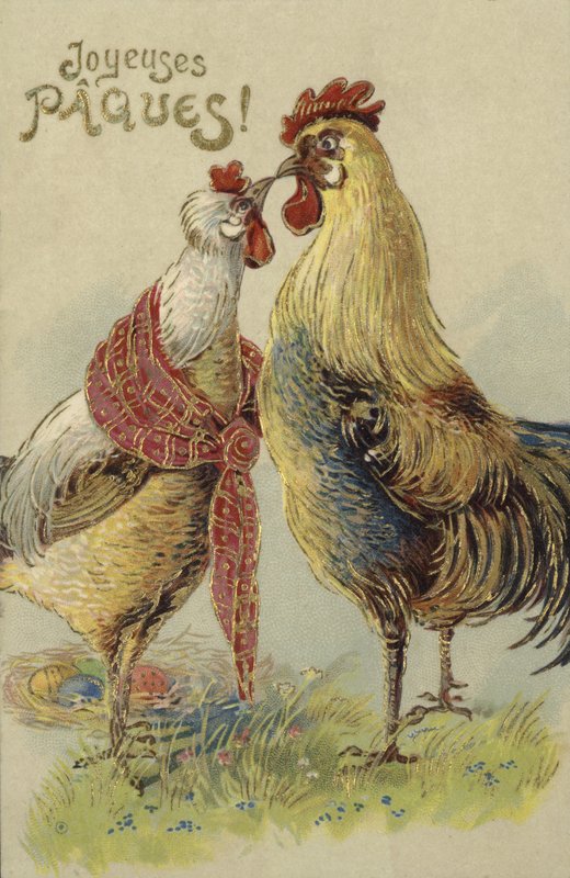Easter card with chickens by French School