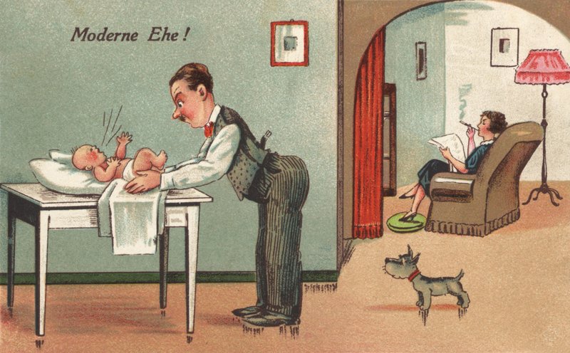 Father Changing a Baby by French School