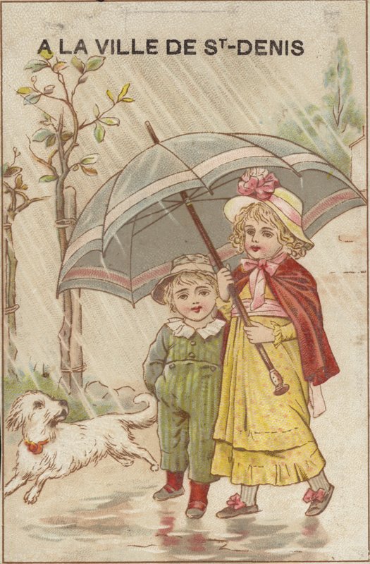 Girls Walking in the Rain with Umbrella by French School