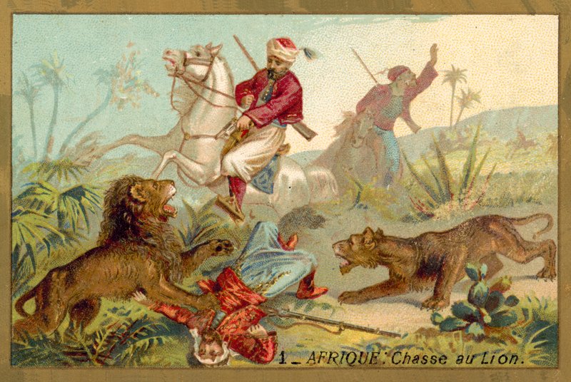 Hunting lion in Africa by French School