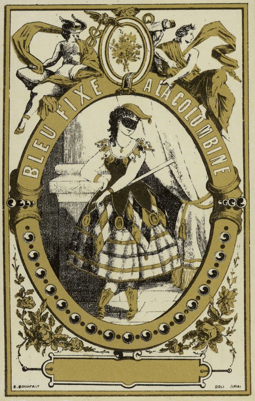 Label reading Bleu Fixe a la Colombine by French School