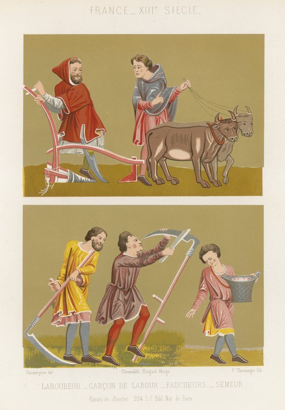 Labourer, a boy ploughing, mowing and seeding by French School