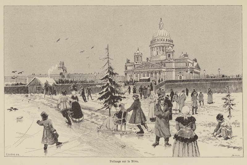 Skating on the Neva (engraving) by French School