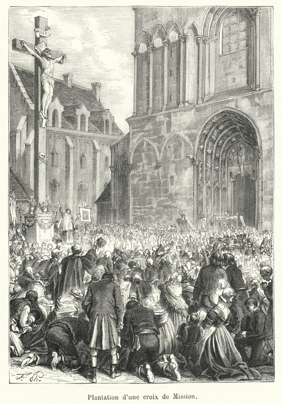 Planting of a Mission Cross (engraving) by French School