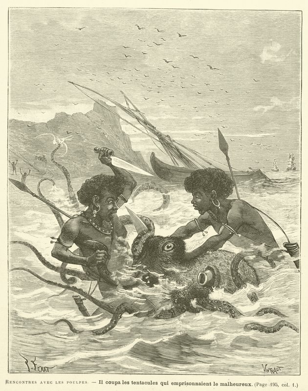 Encounters with Octopuses (engraving) by French School