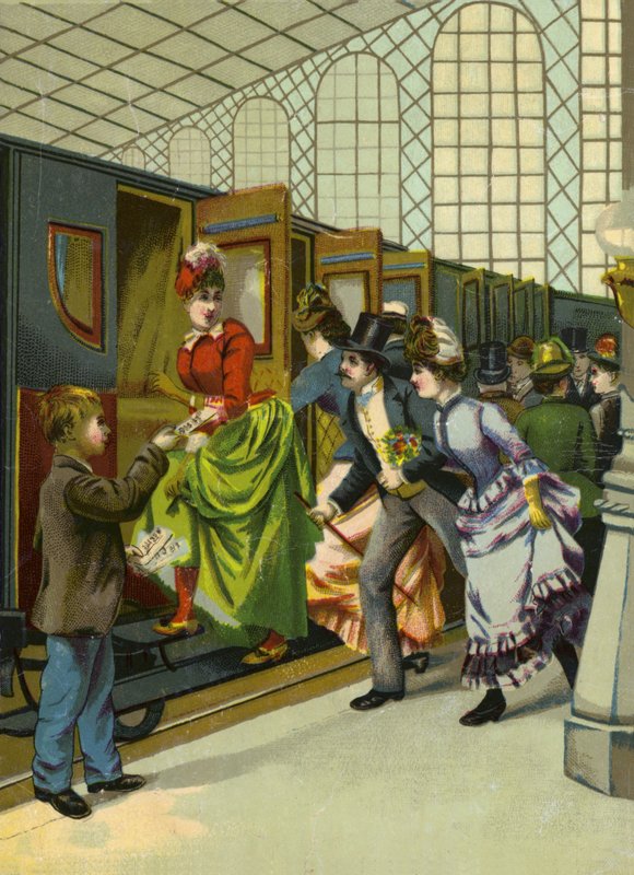 Rushing to get on a train by French School