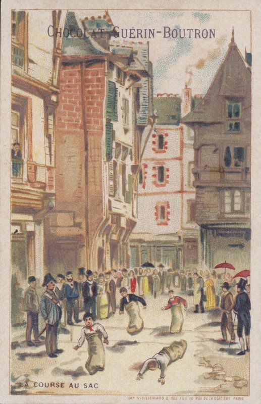 Sack race in a street by French School