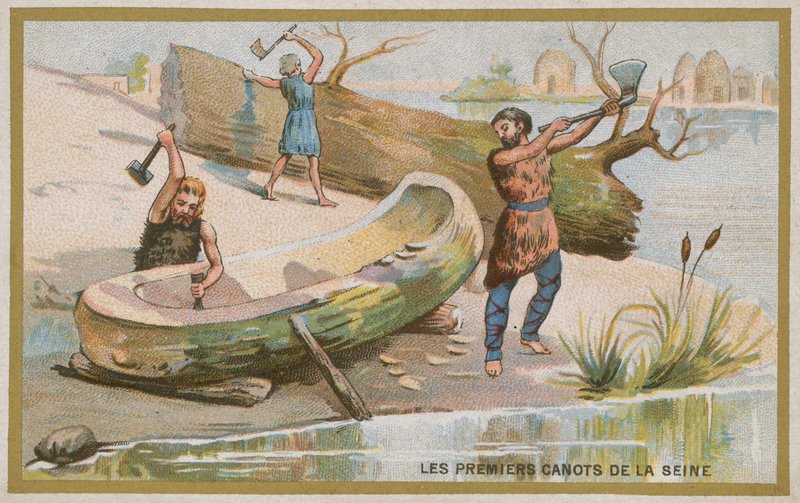 The first canoes on the Seine by French School