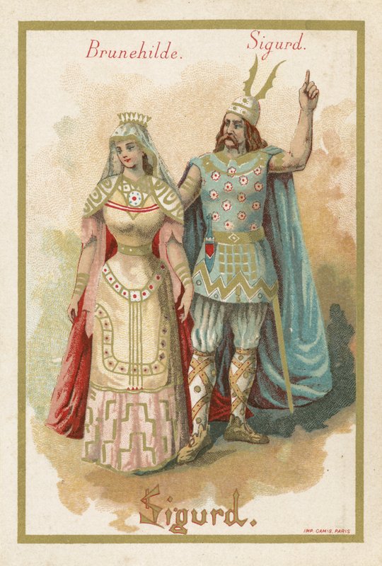 Trade card depicting Brunehilde and Sigurd by French School