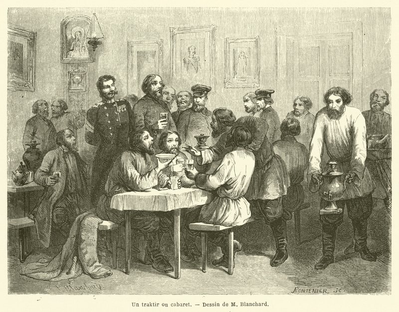 A Traktir or Tavern (engraving) by French School