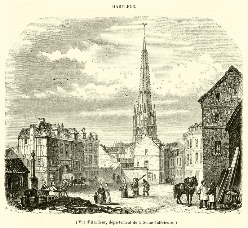 View of Harfleur, Department of Seine-Inferieure (engraving) by French School