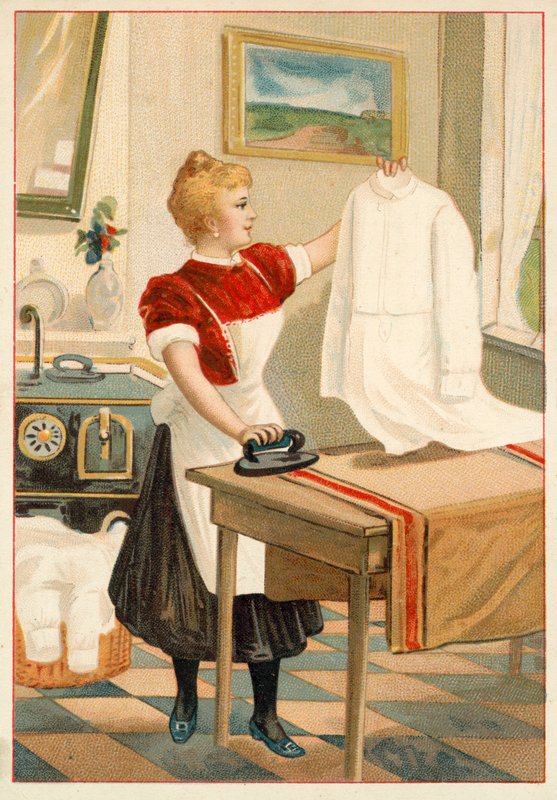 Woman ironing by French School