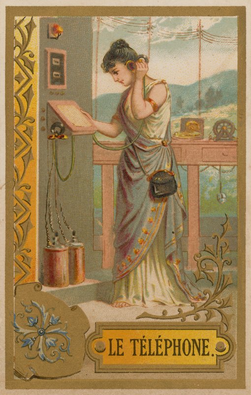 Woman using a very early telephone by French School