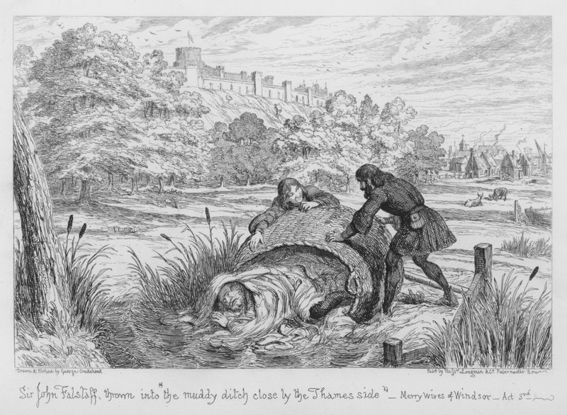 Sir John Falstaff thrown into the muddy ditch close by the Thames side by George Cruikshank