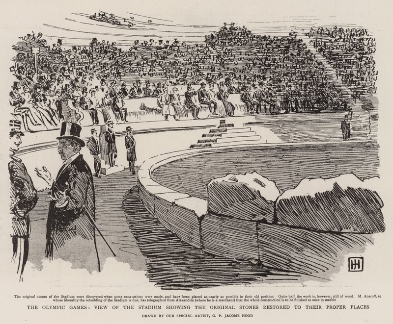 The Olympic Games, View of the Stadium showing the Original Stones Restored to their Proper Places by George Percy Jacomb Hood