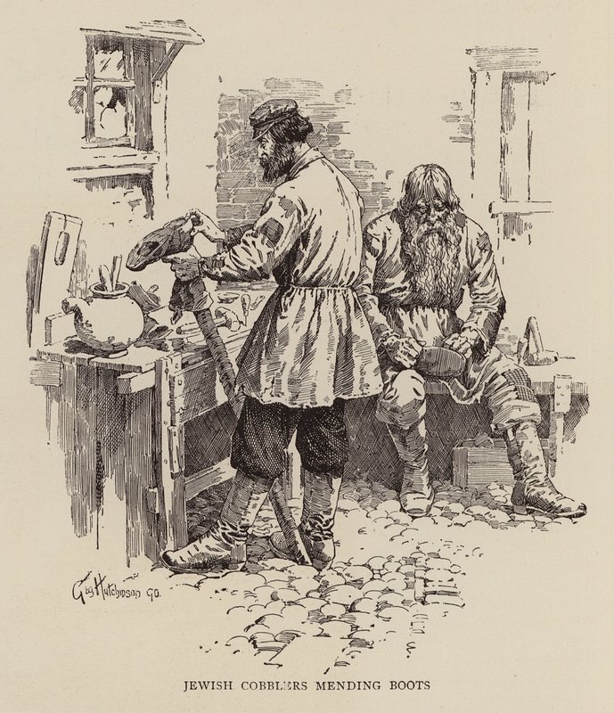 Jewish cobblers mending boots by George Hutchinson
