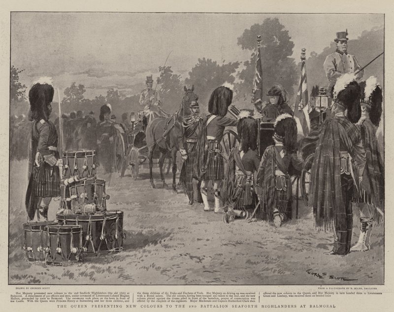 The Queen Presenting New Colours to the 2nd Battalion Seaforth Highlanders at Balmoral by Georges Bertin Scott