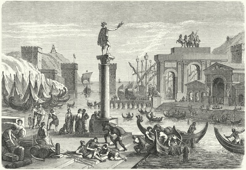 A Roman Seaport (engraving) by German School