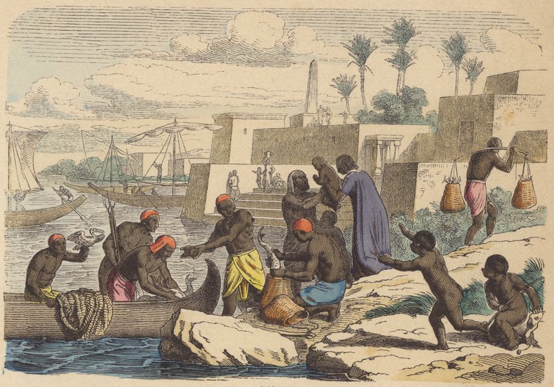 Ancient Egyptian Fishermen (Coloured Engraving) by German School