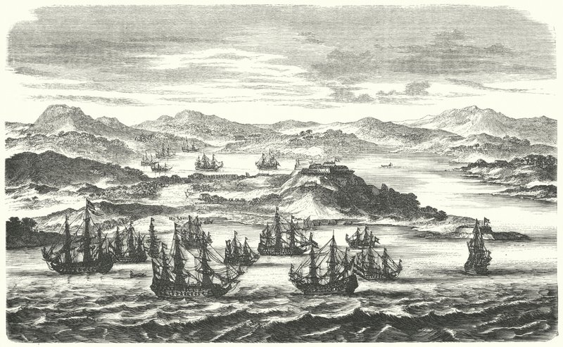 Departure of a Spanish silver fleet (engraving) by German School