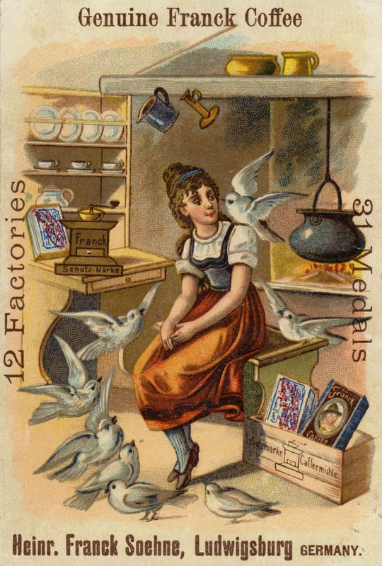 Girl with doves, advertising Genuine Franck Coffee by German School