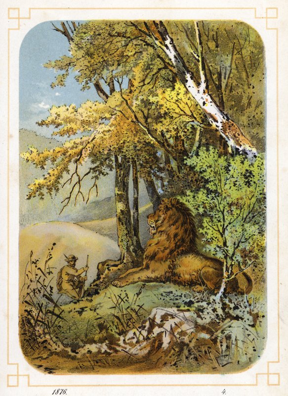 Hunter approaching lion by German School