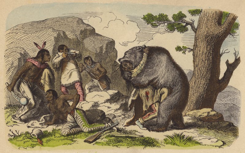 Native Americans hunting bears by German School
