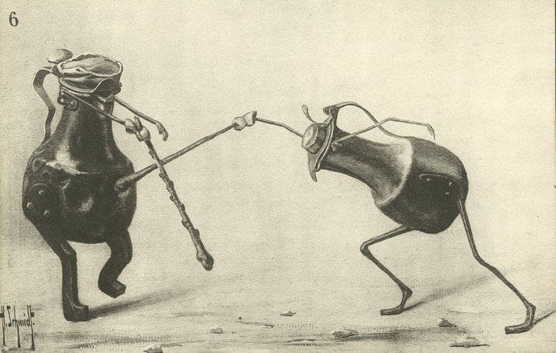 Two jugs fighting a duel by German School
