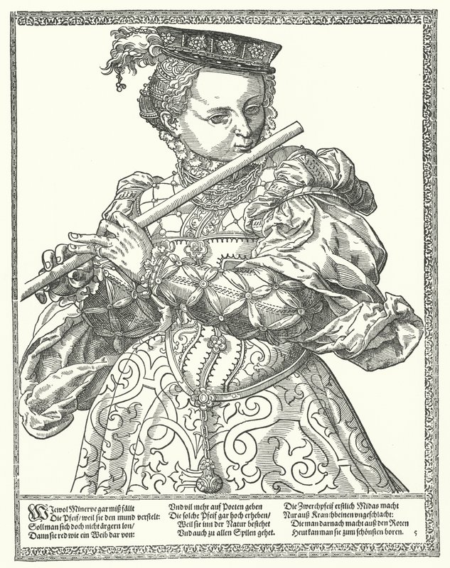 Woman playing a flute by German School